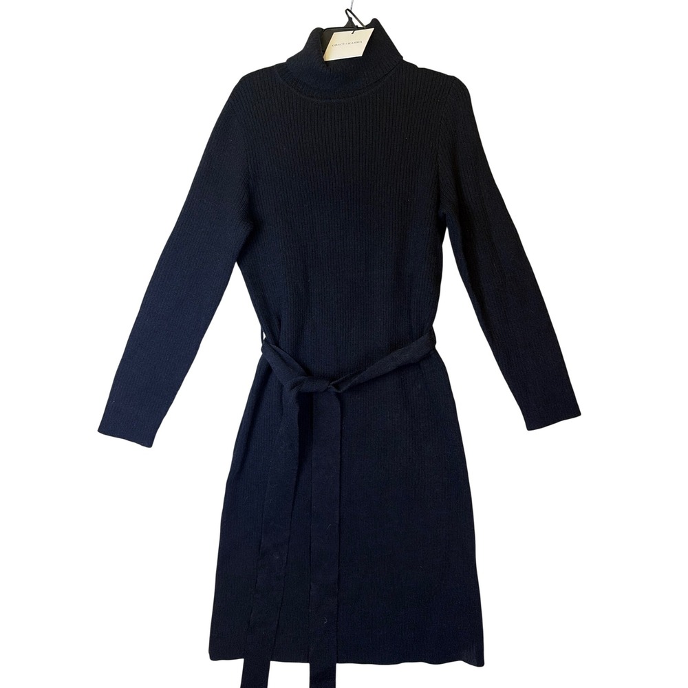 Grace + Karma Belted Midi Sweater Dress Women 1X Black Mock Neck Ribbed Knit NEW